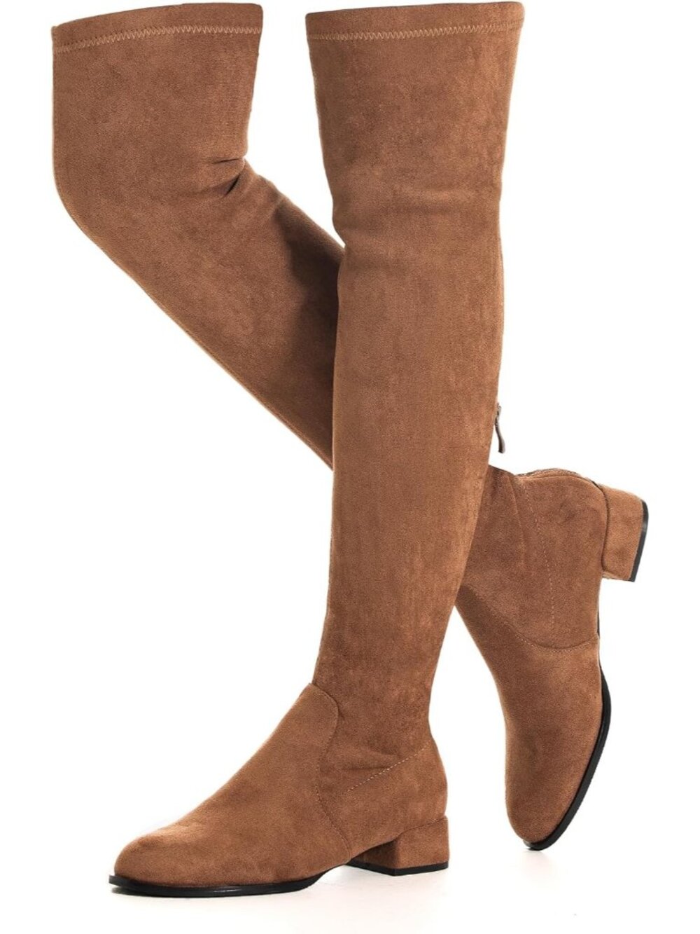 Women's Brown Flat Pointed Toe Chunky Block Heel Over The Knee High Boots